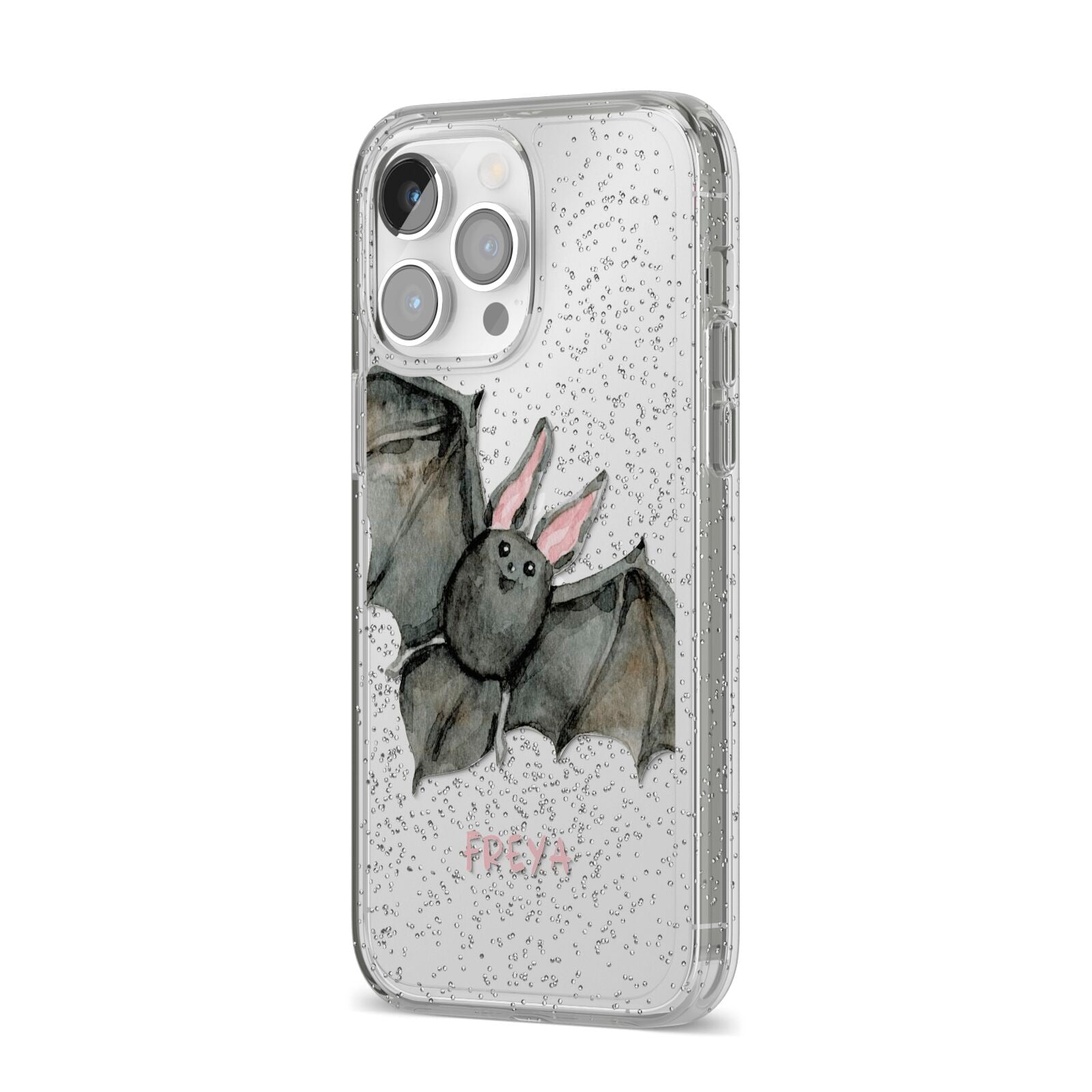 Halloween Bat iPhone 14 Pro Max Glitter Tough Case Silver Angled Image