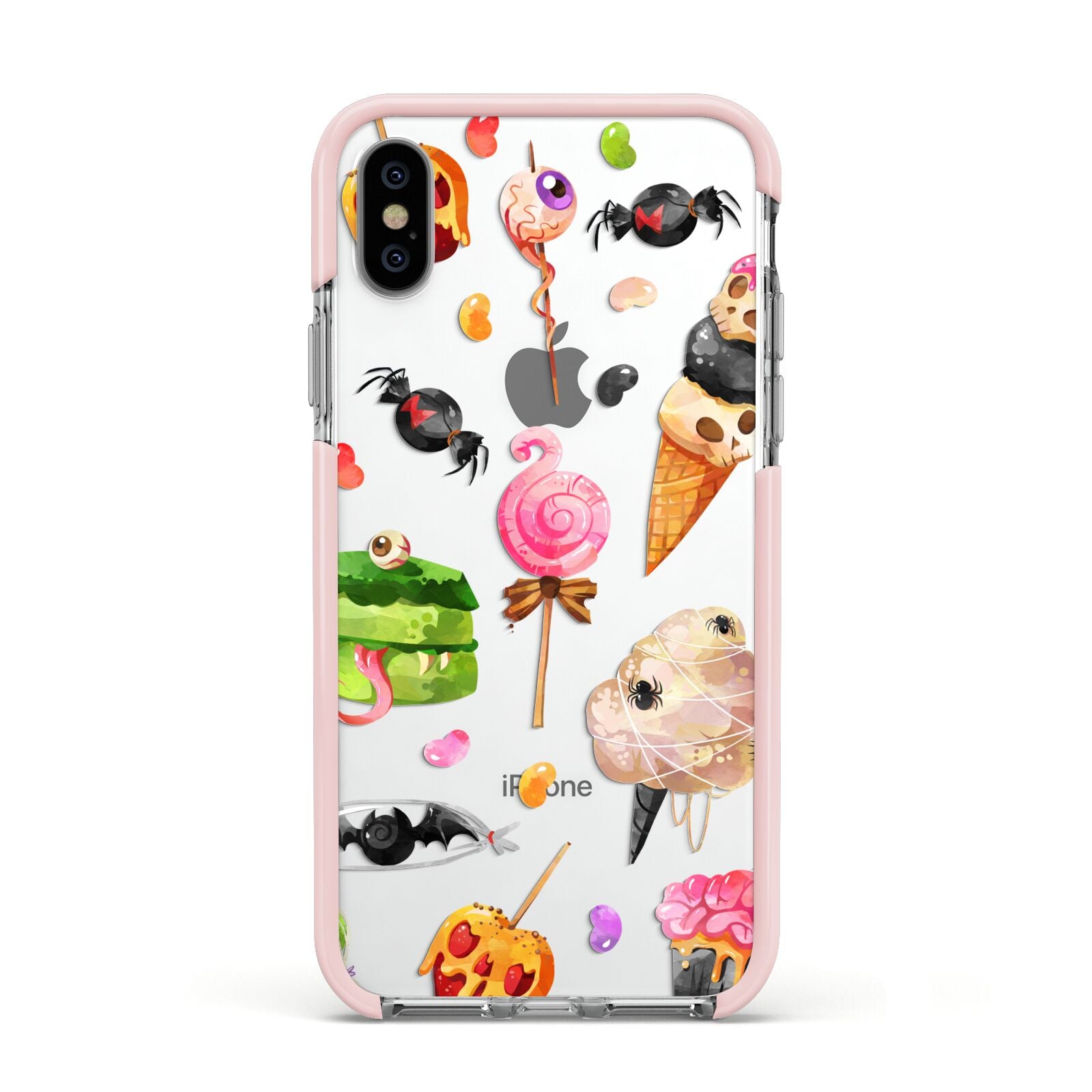 Halloween Cakes and Candy Apple iPhone Xs Impact Case Pink Edge on Silver Phone