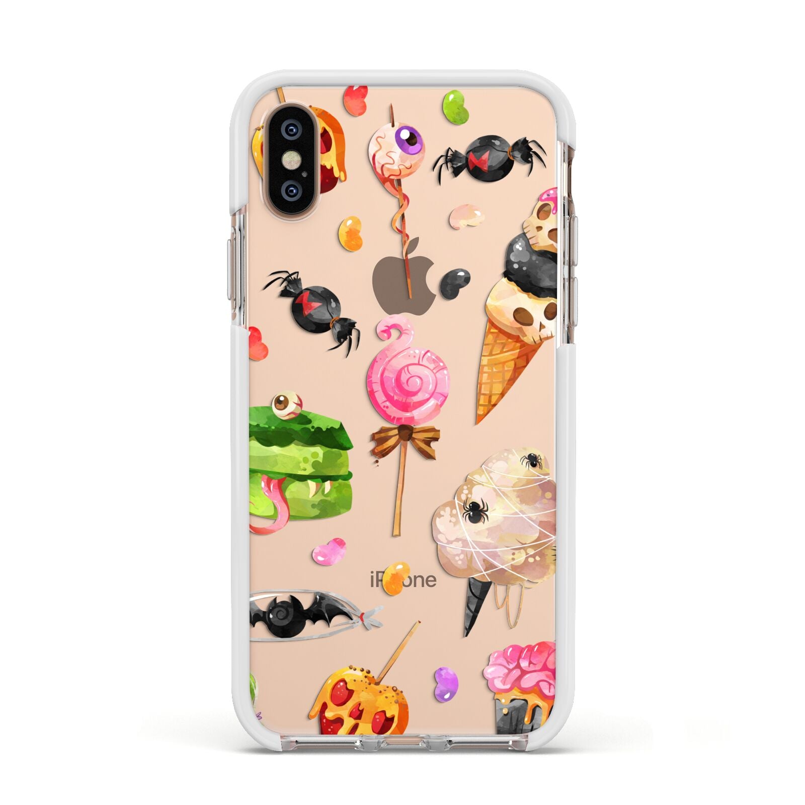 Halloween Cakes and Candy Apple iPhone Xs Impact Case White Edge on Gold Phone