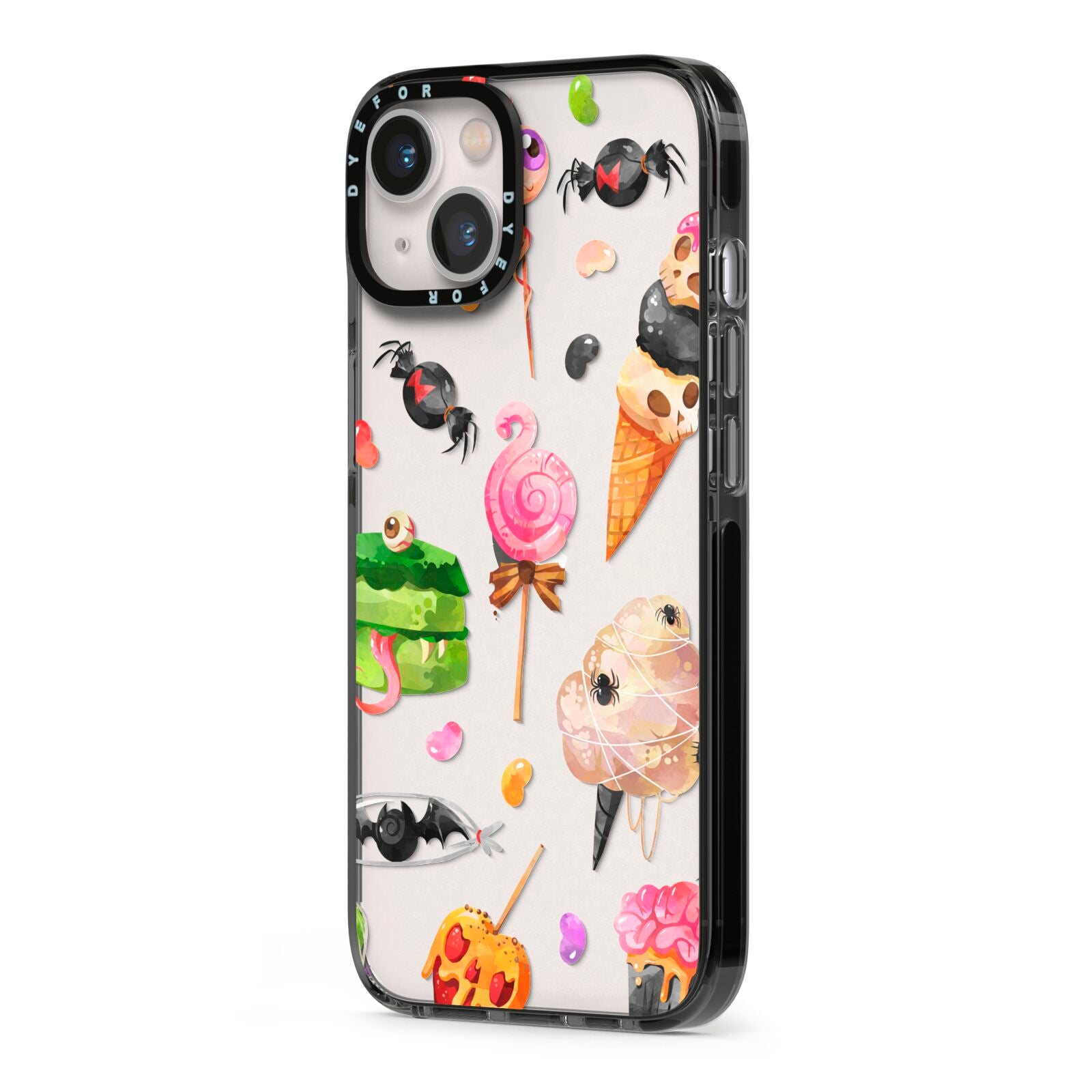 Halloween Cakes and Candy iPhone 13 Black Impact Case Side Angle on Silver phone