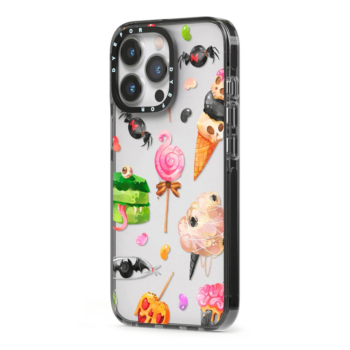 Halloween Cakes and Candy iPhone 13 Pro Black Impact Case Side Angle on Silver phone