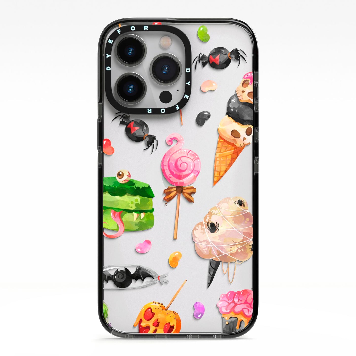 Halloween Cakes and Candy iPhone 13 Pro Black Impact Case on Silver phone