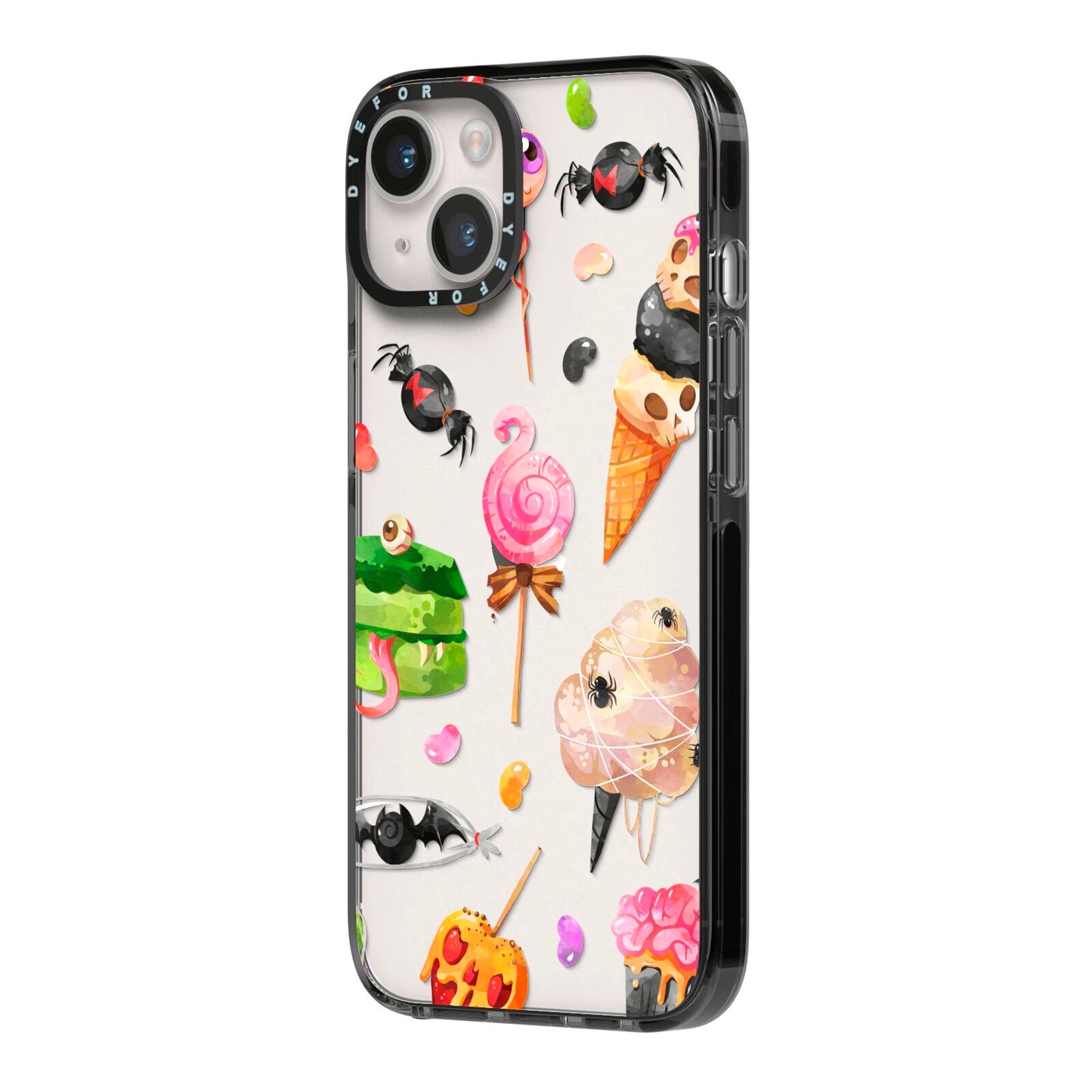 Halloween Cakes and Candy iPhone 14 Black Impact Case Side Angle on Silver phone