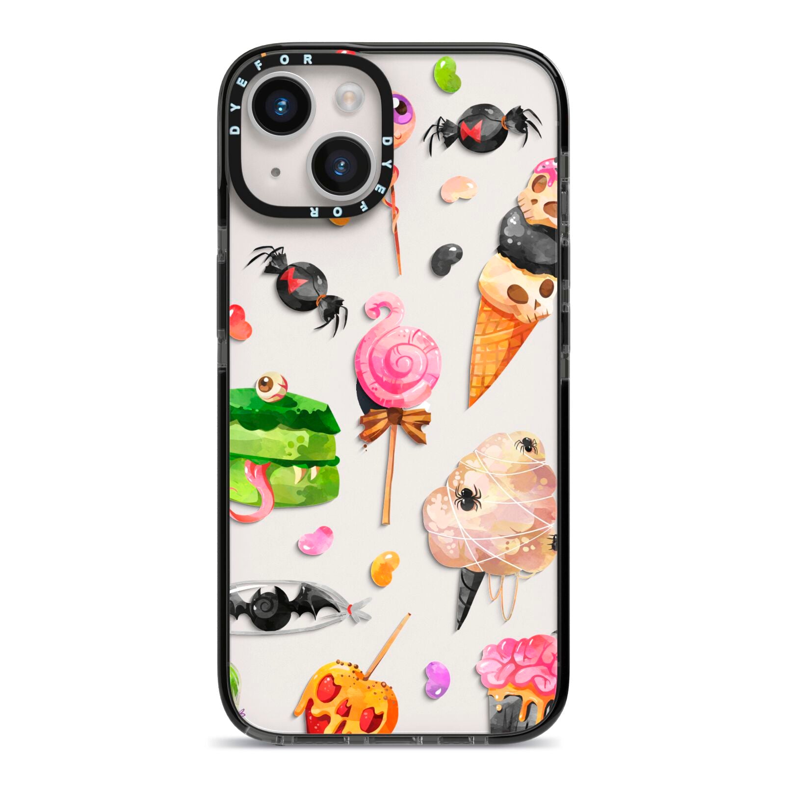 Halloween Cakes and Candy iPhone 14 Black Impact Case on Silver phone