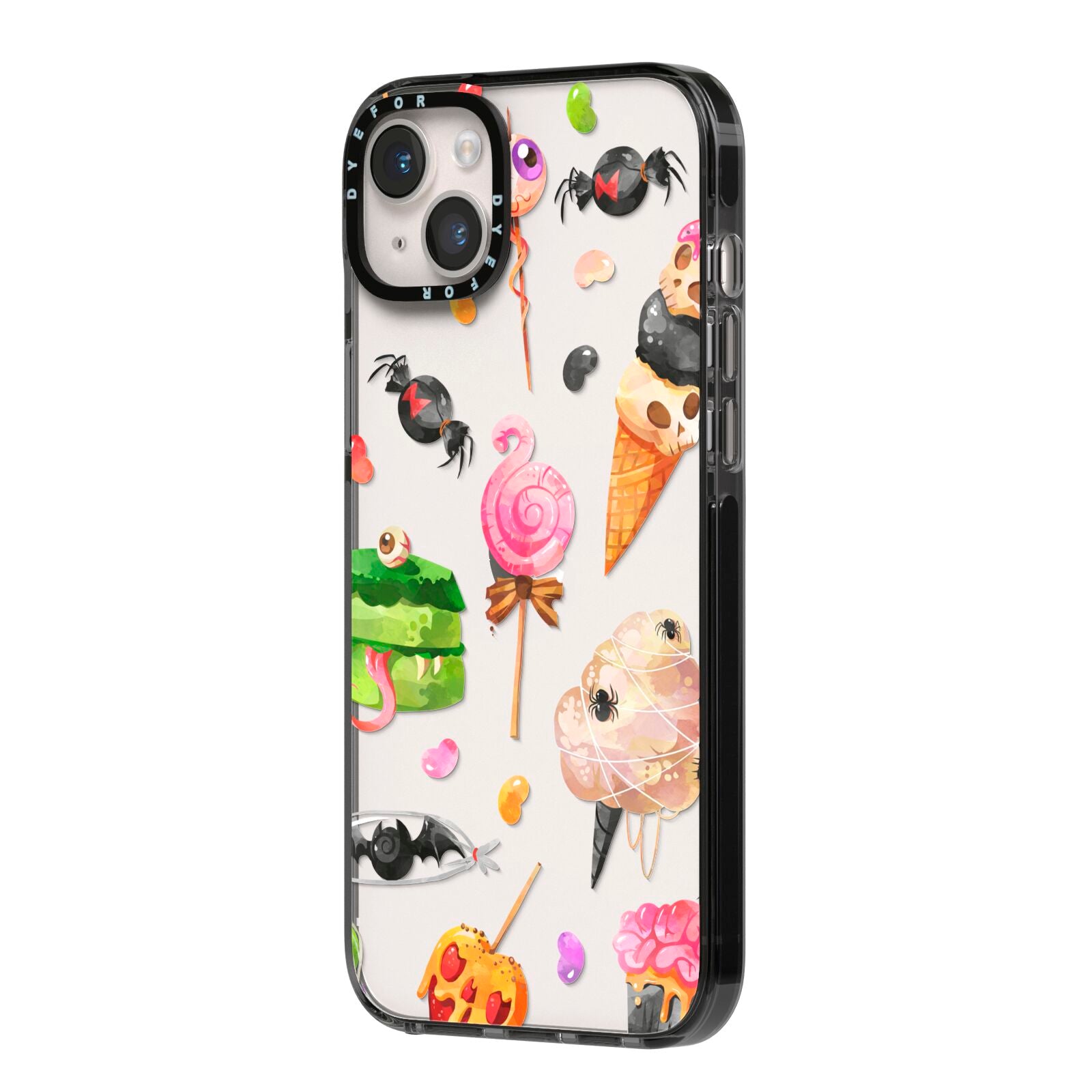 Halloween Cakes and Candy iPhone 14 Plus Black Impact Case Side Angle on Silver phone