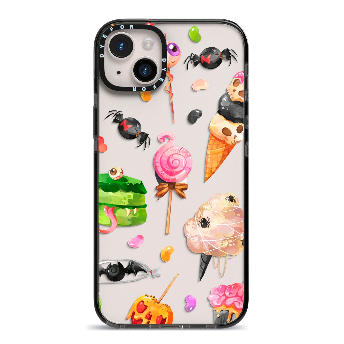 Halloween Cakes and Candy iPhone 14 Plus Black Impact Case on Silver phone