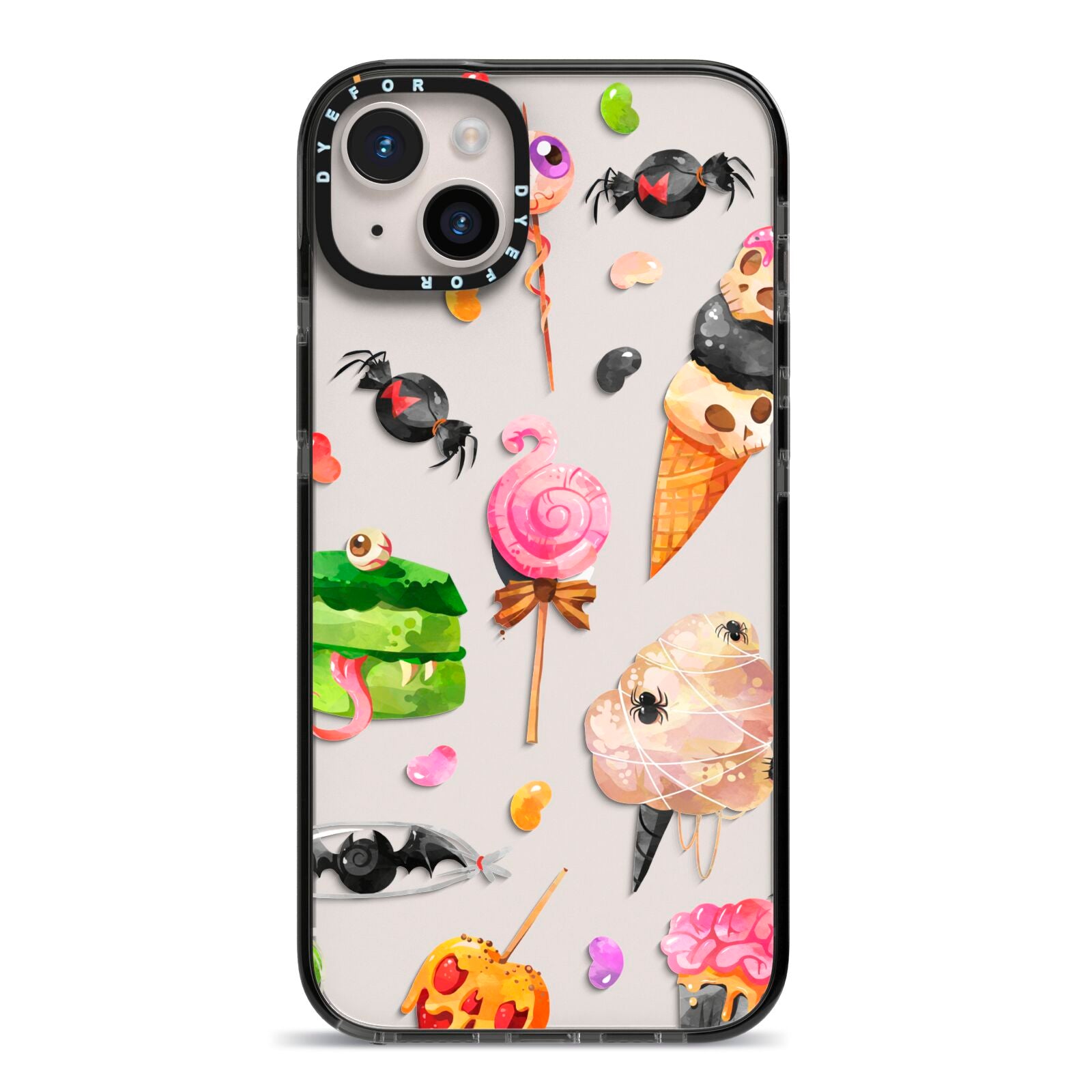 Halloween Cakes and Candy iPhone 14 Plus Black Impact Case on Silver phone