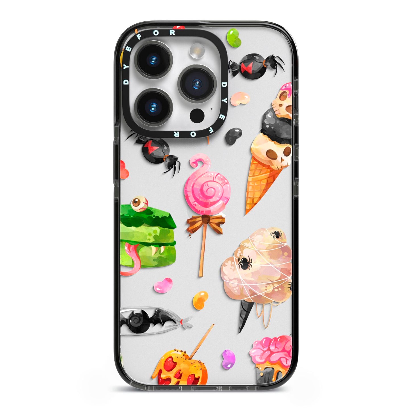 Halloween Cakes and Candy iPhone 14 Pro Black Impact Case on Silver phone