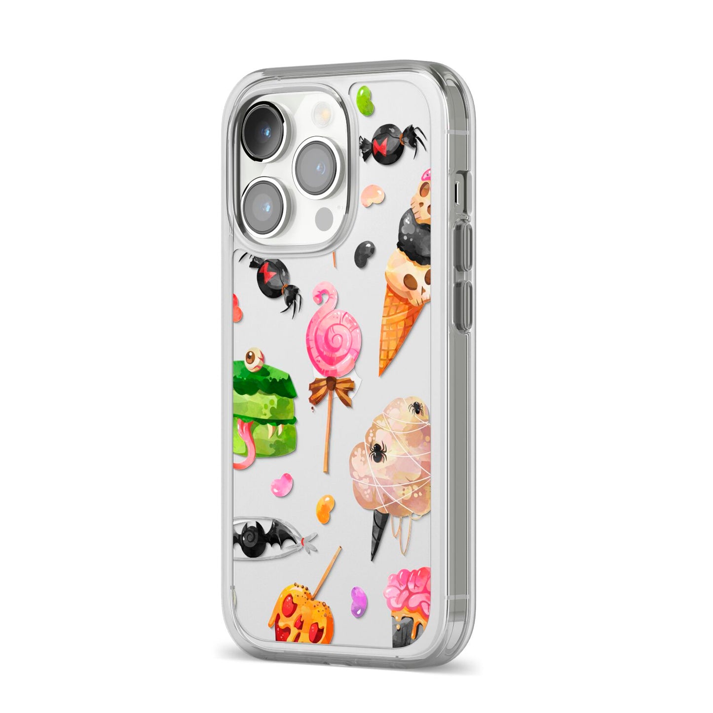 Halloween Cakes and Candy iPhone 14 Pro Clear Tough Case Silver Angled Image