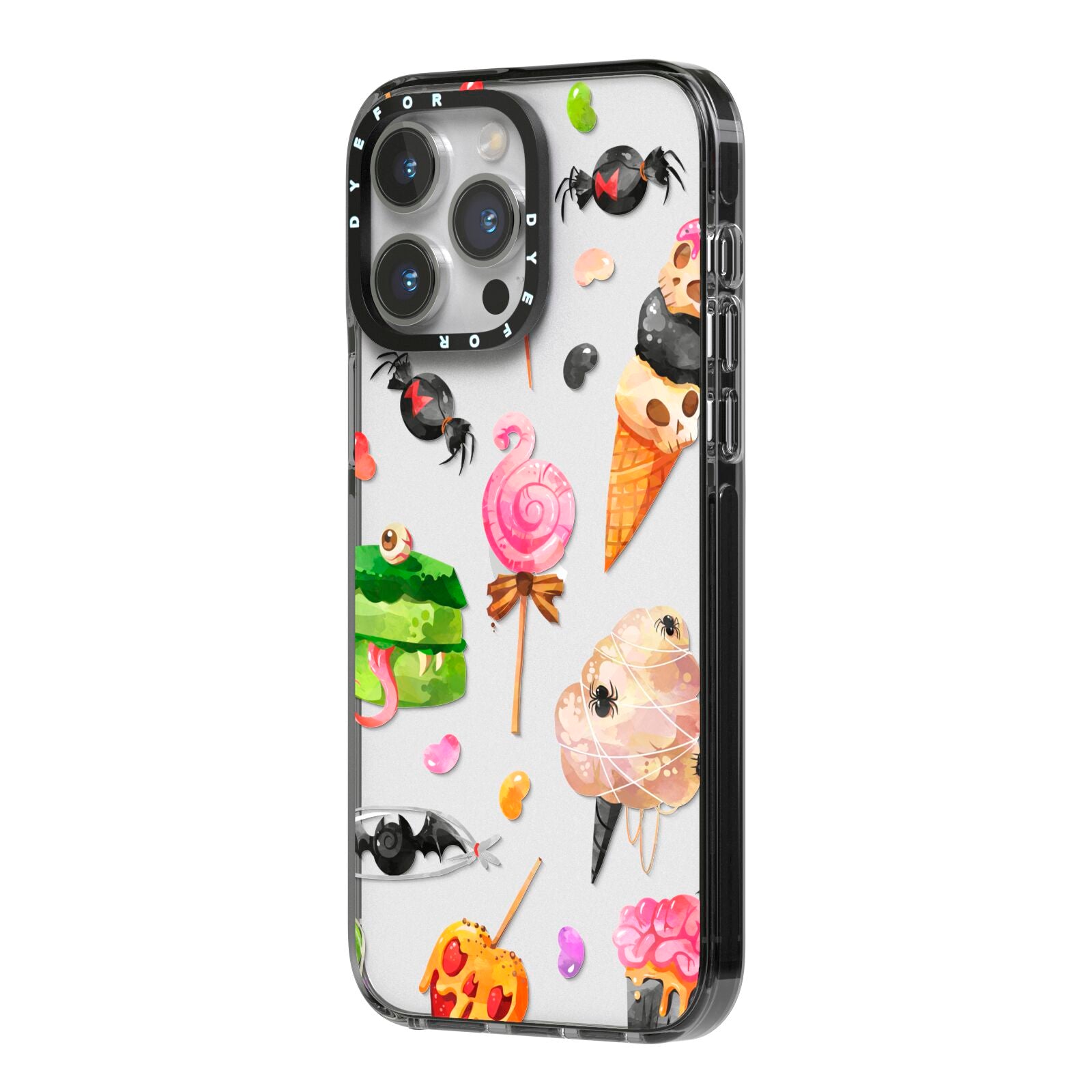 Halloween Cakes and Candy iPhone 14 Pro Max Black Impact Case Side Angle on Silver phone