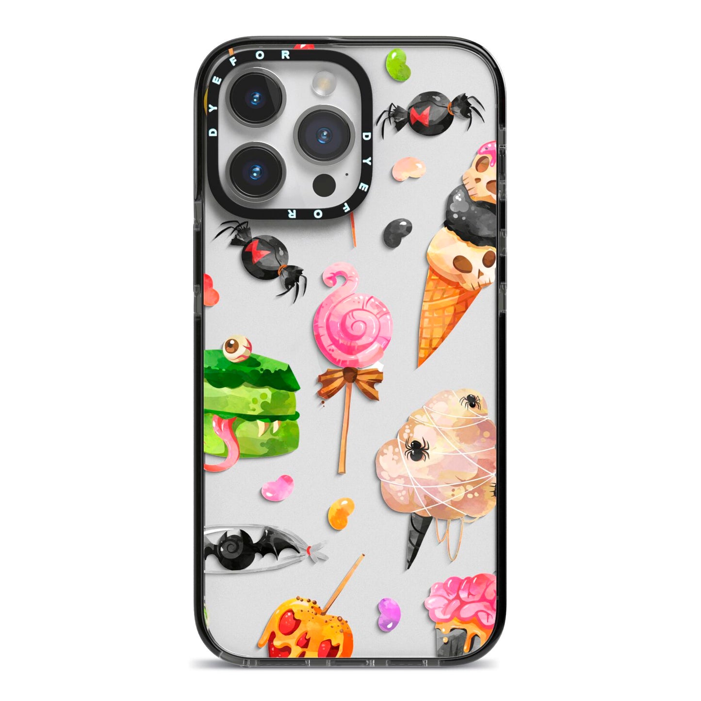 Halloween Cakes and Candy iPhone 14 Pro Max Black Impact Case on Silver phone