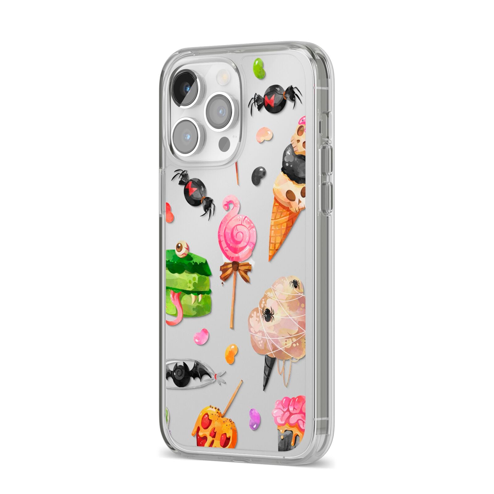 Halloween Cakes and Candy iPhone 14 Pro Max Clear Tough Case Silver Angled Image