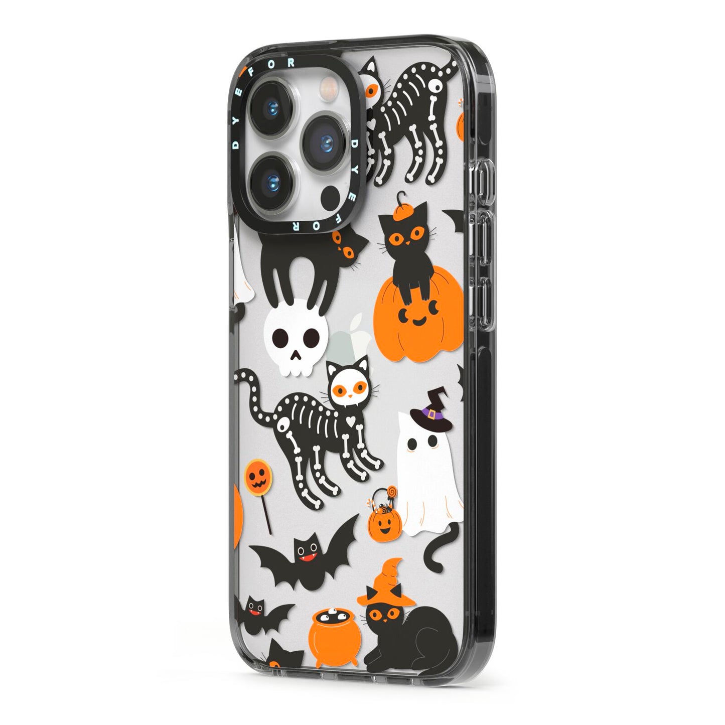Halloween Cats iPhone 13 Pro Black Impact Case Side Angle on Silver phone