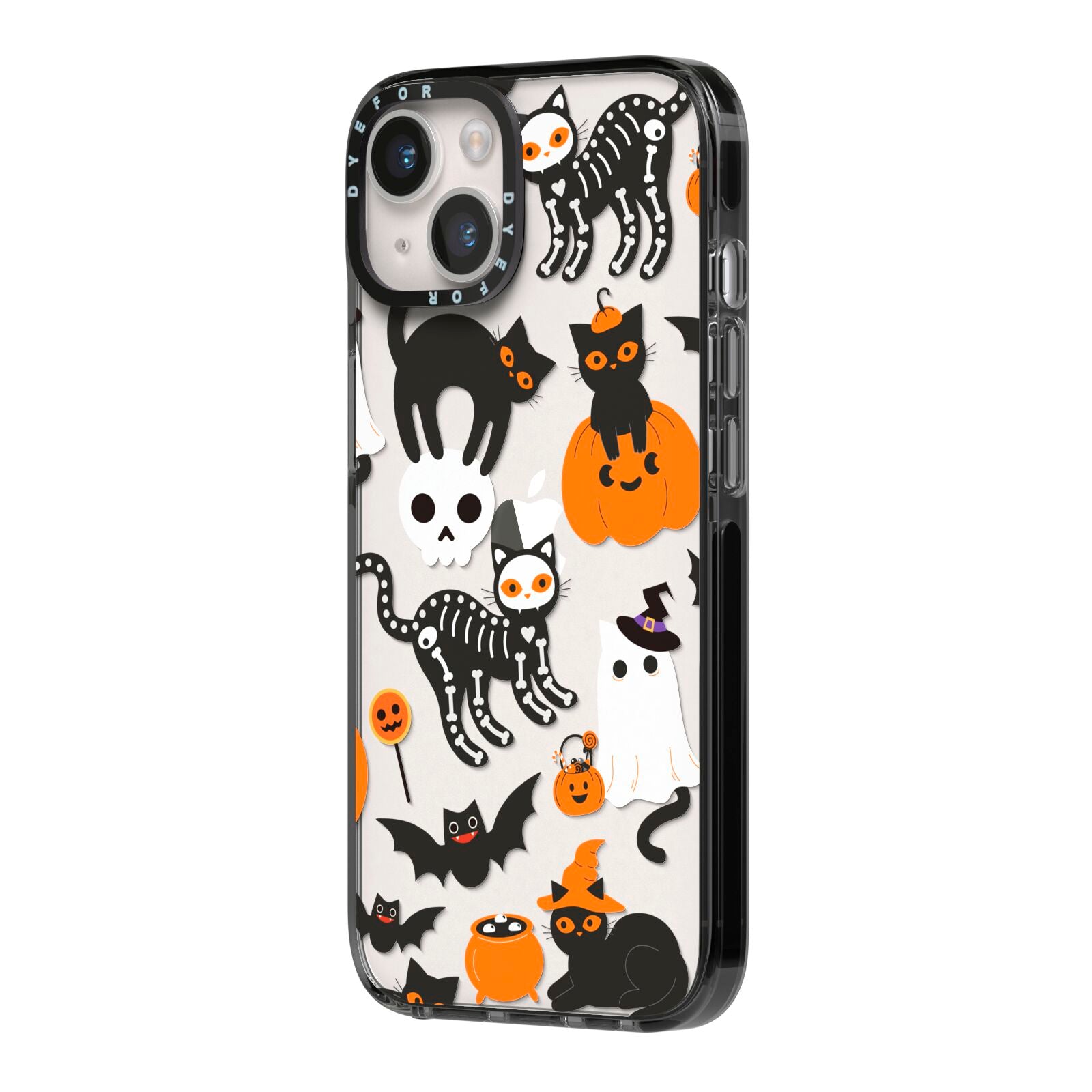 Halloween Cats iPhone 14 Black Impact Case Side Angle on Silver phone