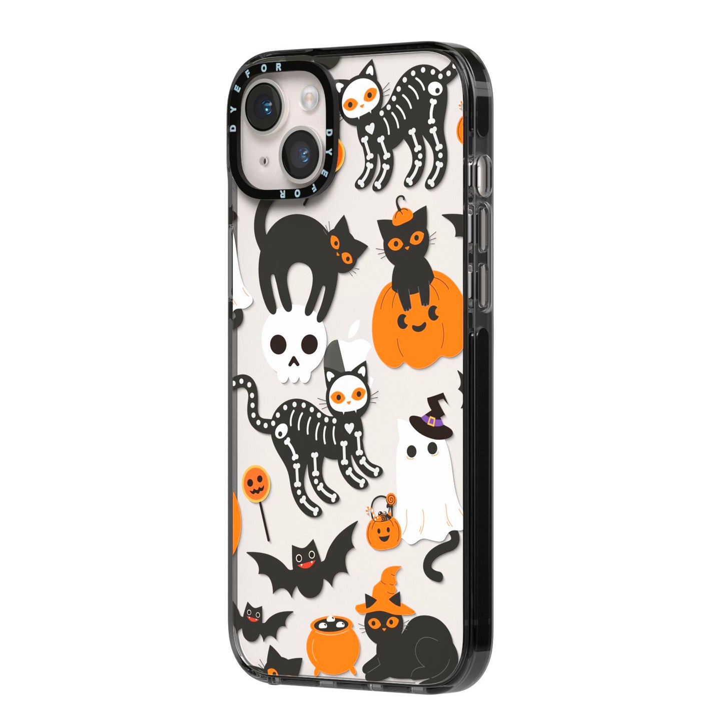 Halloween Cats iPhone 14 Plus Black Impact Case Side Angle on Silver phone