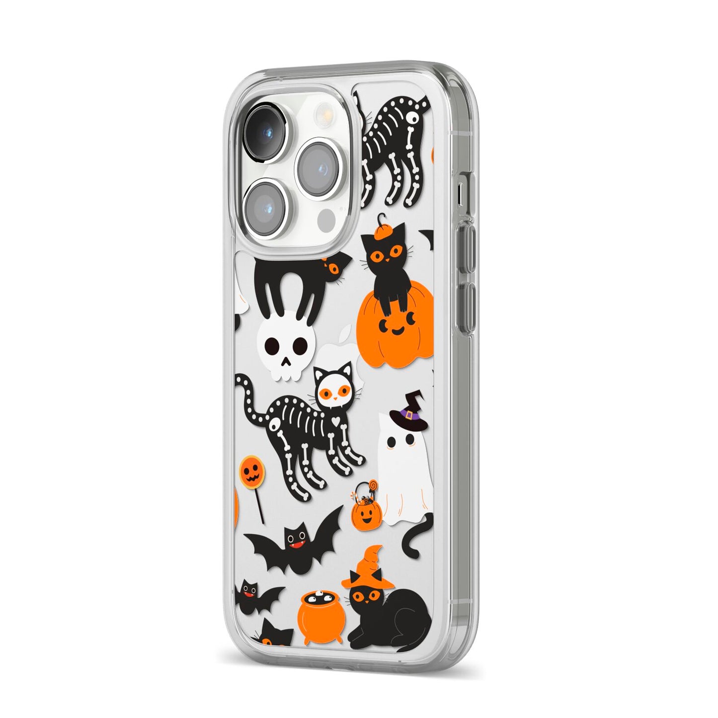 Halloween Cats iPhone 14 Pro Clear Tough Case Silver Angled Image