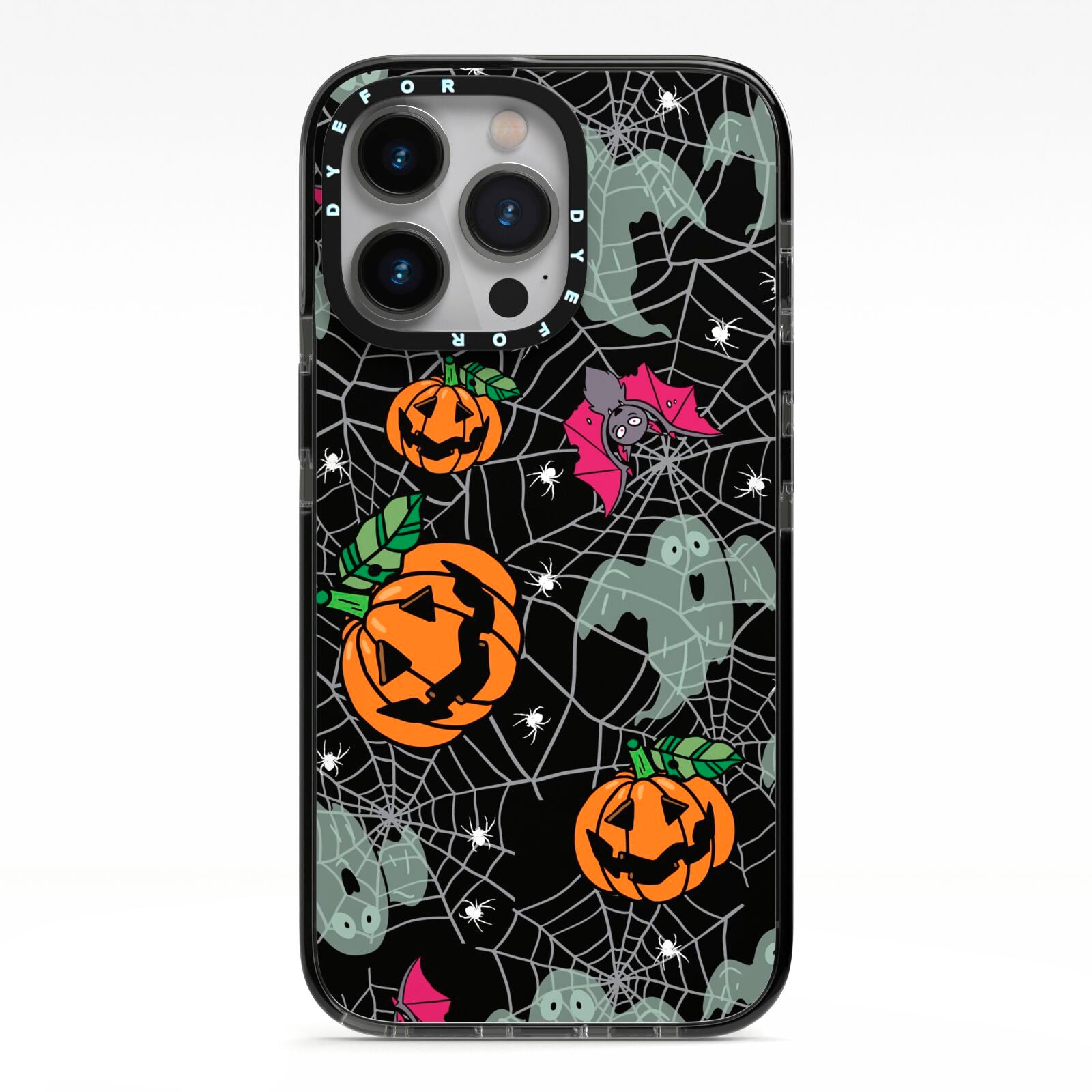 Halloween Cobwebs iPhone 13 Pro Black Impact Case on Silver phone