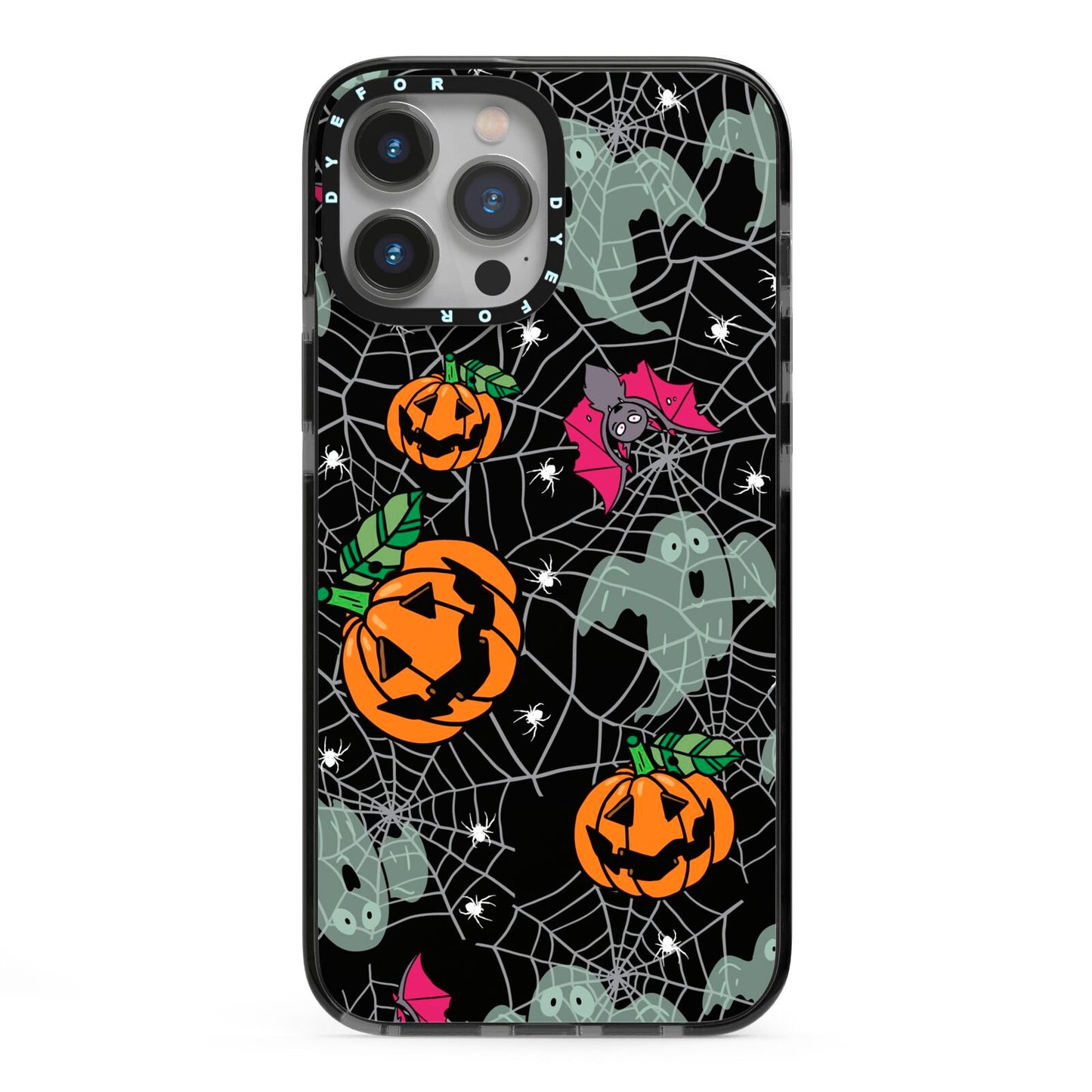 Halloween Cobwebs iPhone 13 Pro Max Black Impact Case on Silver phone