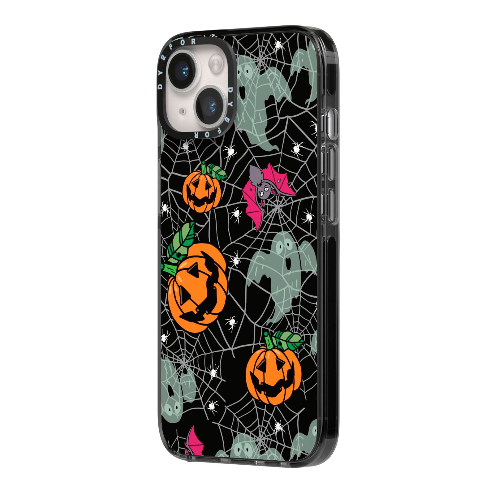 Halloween Cobwebs iPhone 14 Black Impact Case Side Angle on Silver phone