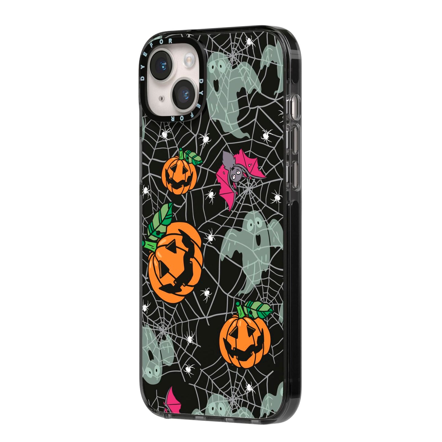 Halloween Cobwebs iPhone 14 Plus Black Impact Case Side Angle on Silver phone