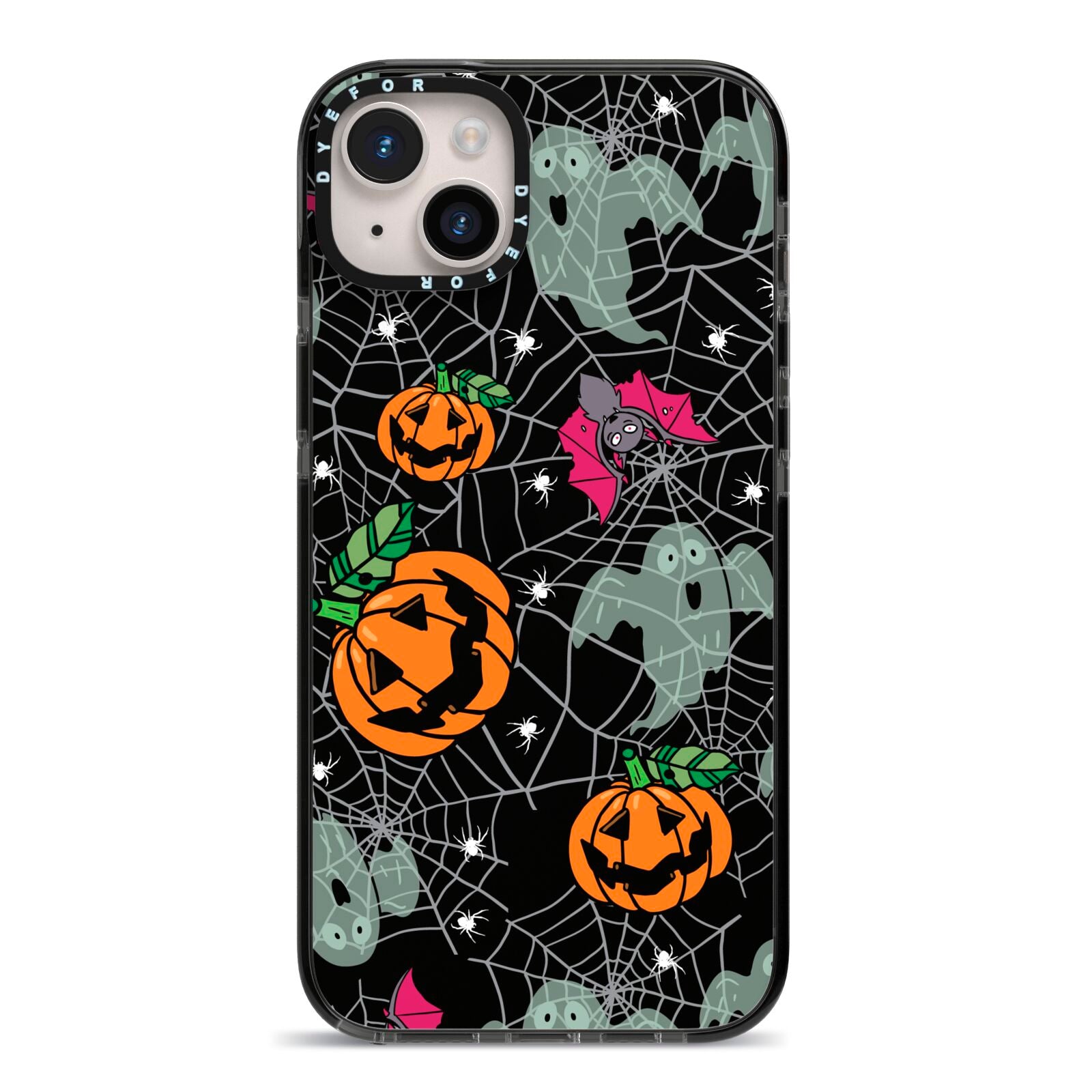 Halloween Cobwebs iPhone 14 Plus Black Impact Case on Silver phone