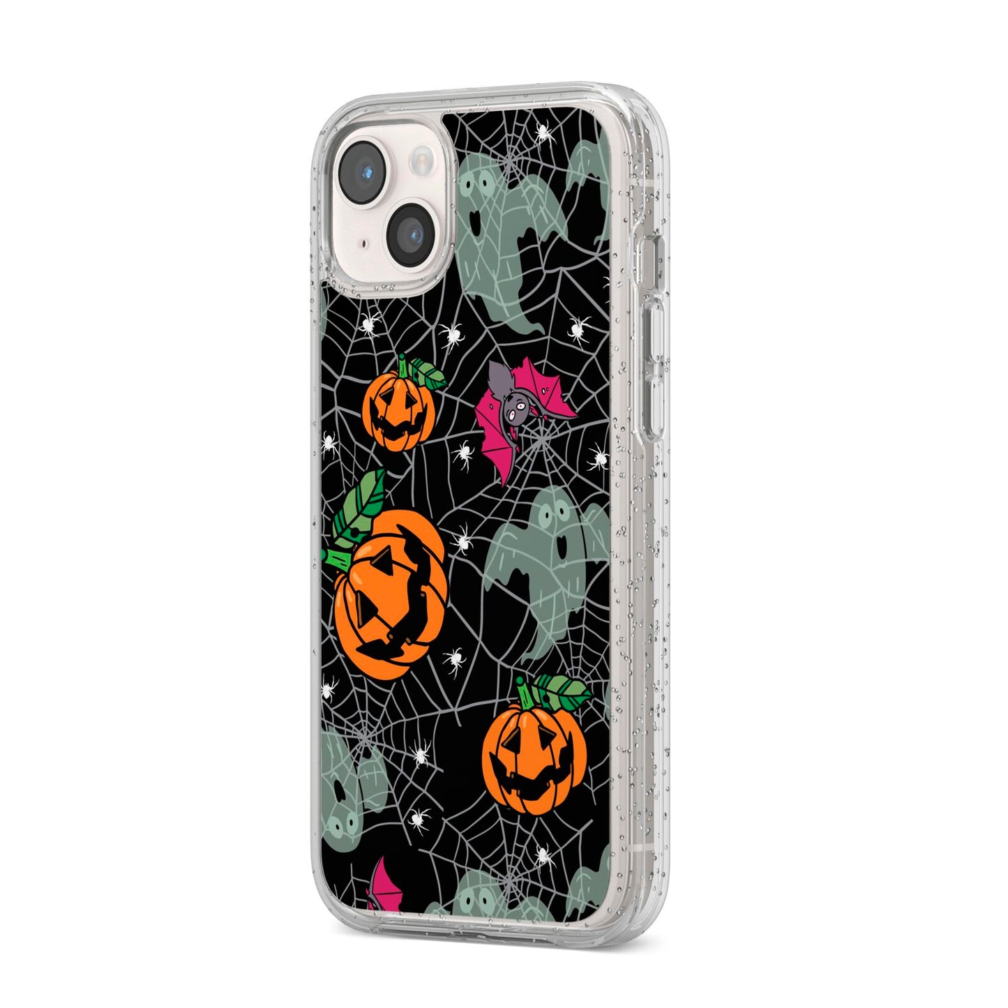 Halloween Cobwebs iPhone 14 Plus Glitter Tough Case Starlight Angled Image
