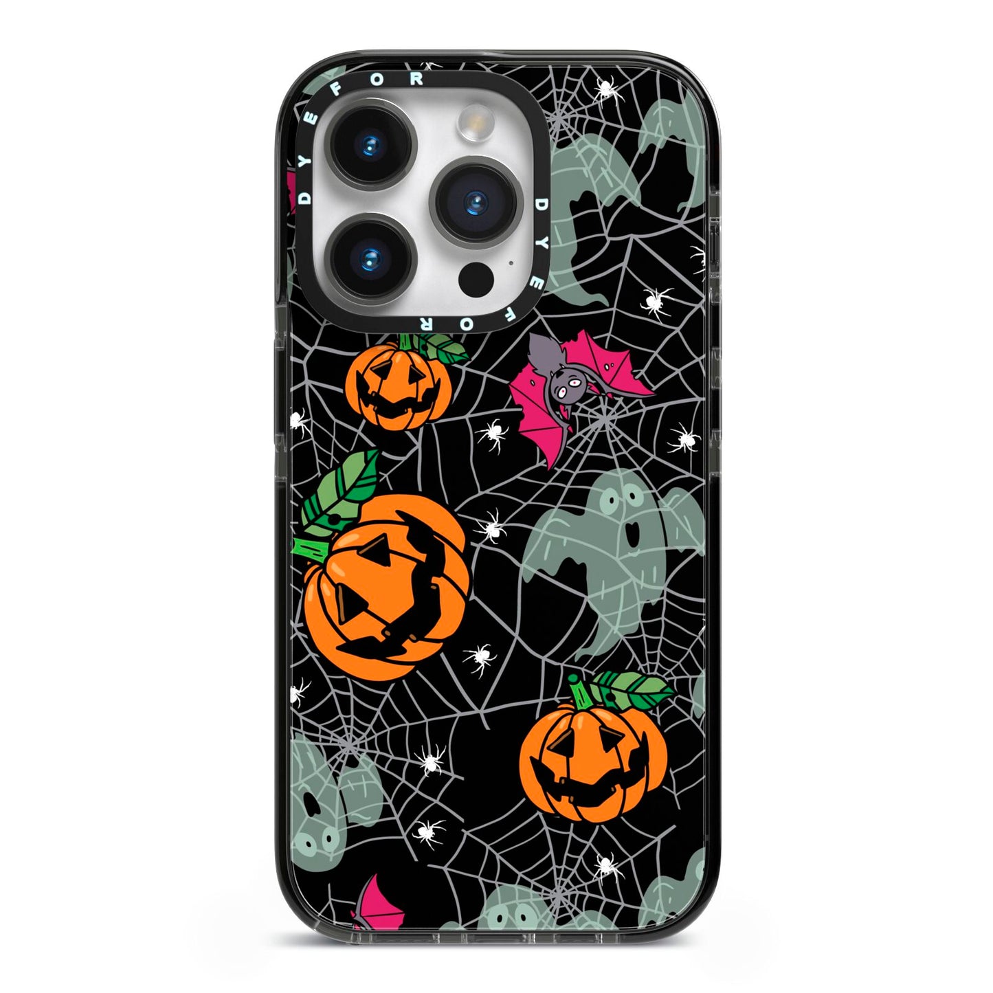 Halloween Cobwebs iPhone 14 Pro Black Impact Case on Silver phone