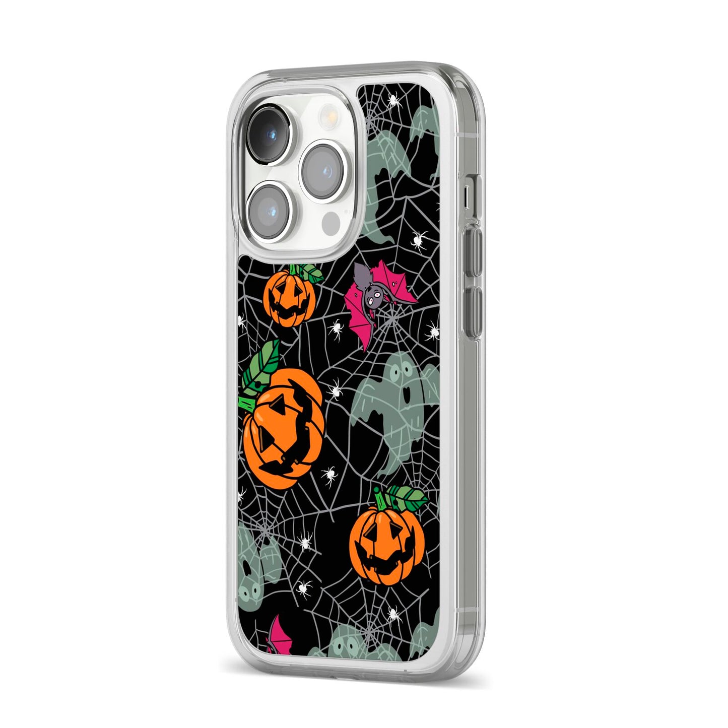 Halloween Cobwebs iPhone 14 Pro Clear Tough Case Silver Angled Image