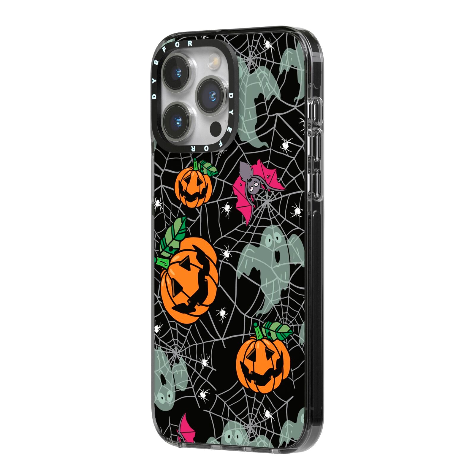 Halloween Cobwebs iPhone 14 Pro Max Black Impact Case Side Angle on Silver phone