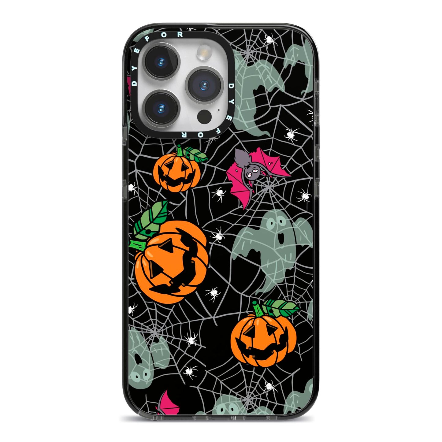 Halloween Cobwebs iPhone 14 Pro Max Black Impact Case on Silver phone