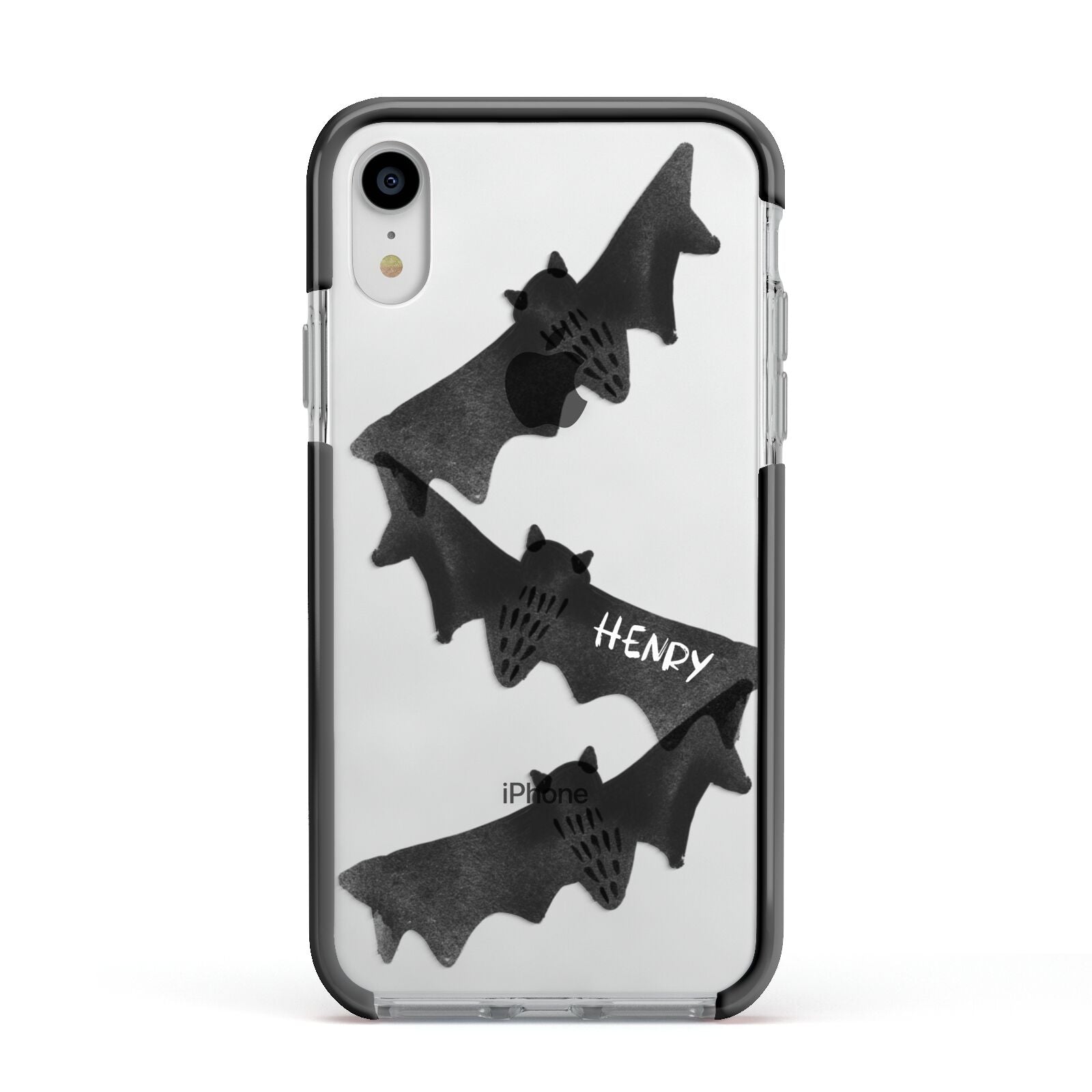 Halloween Custom Black Bats Apple iPhone XR Impact Case Black Edge on Silver Phone