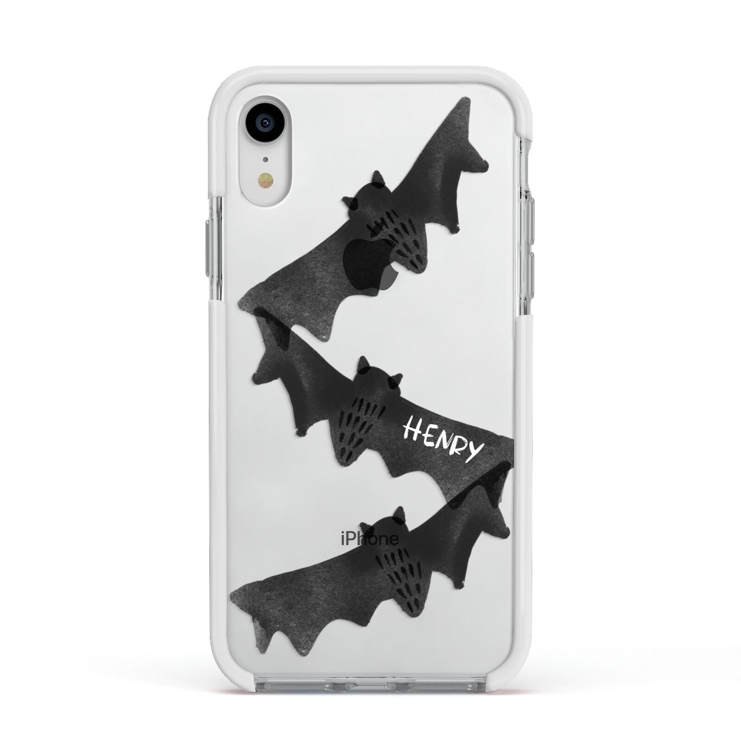 Halloween Custom Black Bats Apple iPhone XR Impact Case White Edge on Silver Phone