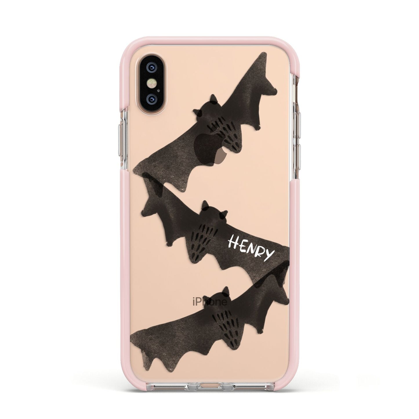 Halloween Custom Black Bats Apple iPhone Xs Impact Case Pink Edge on Gold Phone
