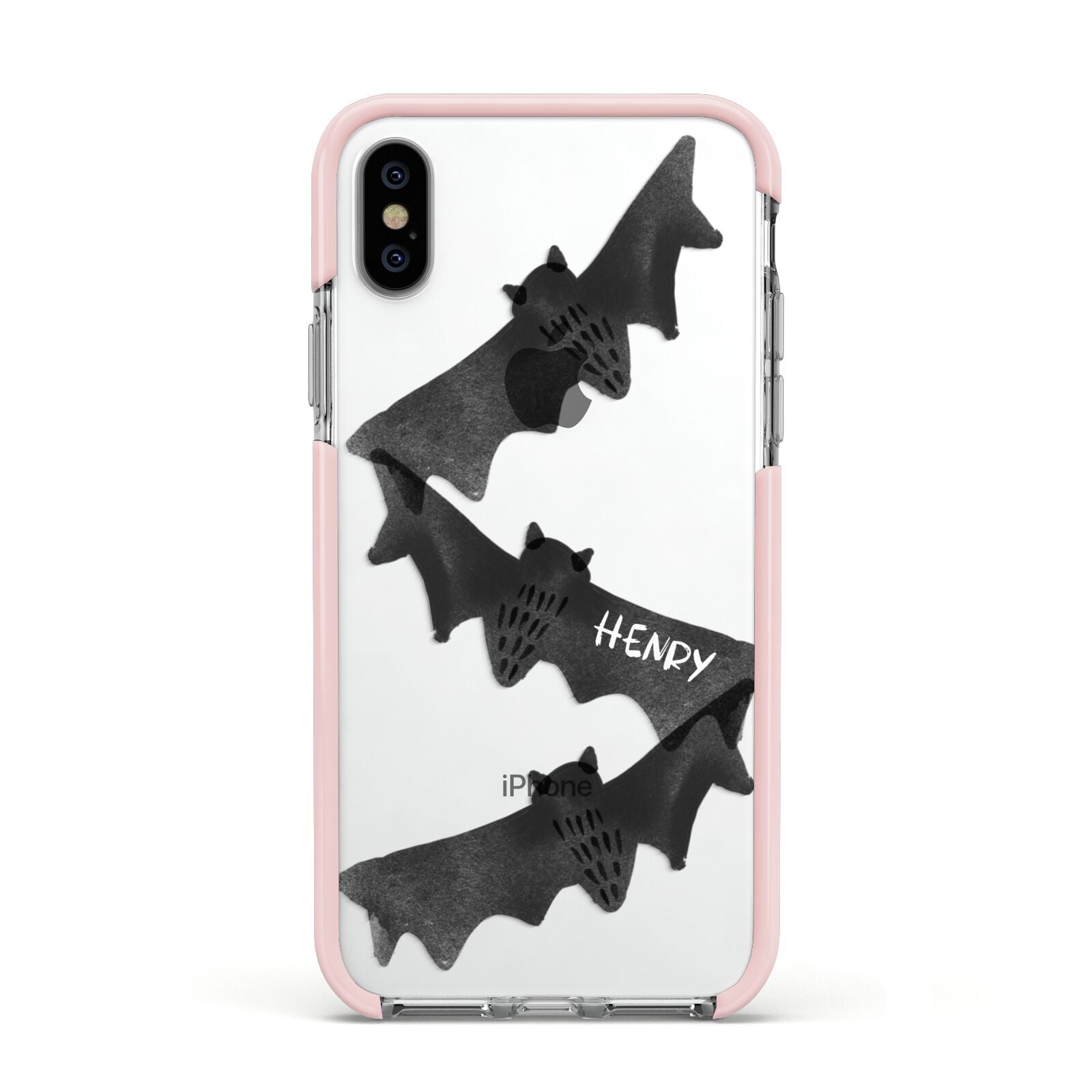 Halloween Custom Black Bats Apple iPhone Xs Impact Case Pink Edge on Silver Phone