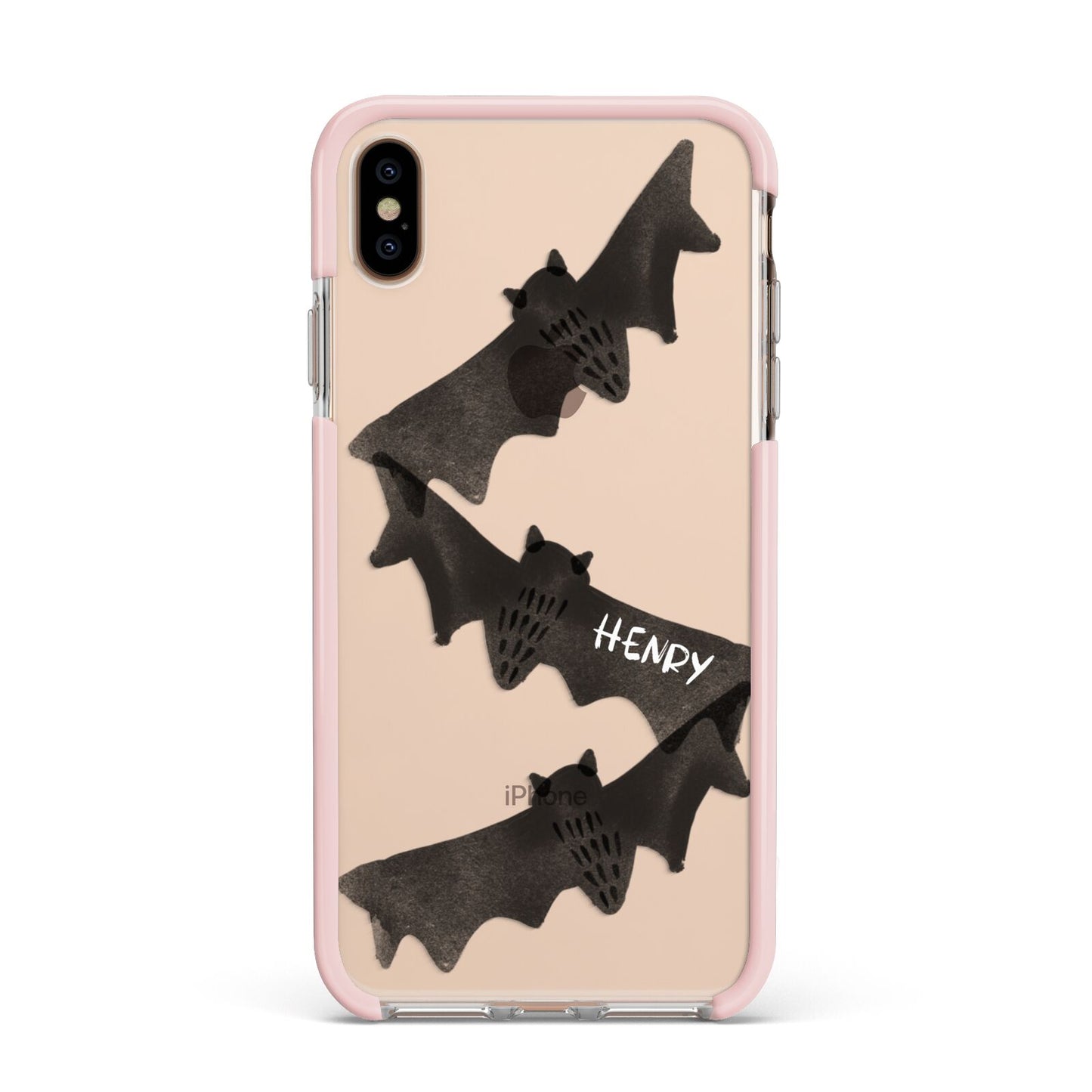 Halloween Custom Black Bats Apple iPhone Xs Max Impact Case Pink Edge on Gold Phone