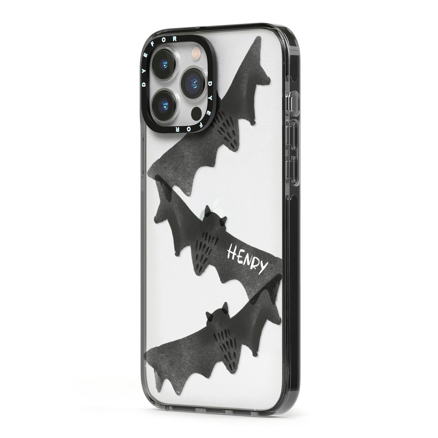 Halloween Custom Black Bats iPhone 13 Pro Max Black Impact Case Side Angle on Silver phone