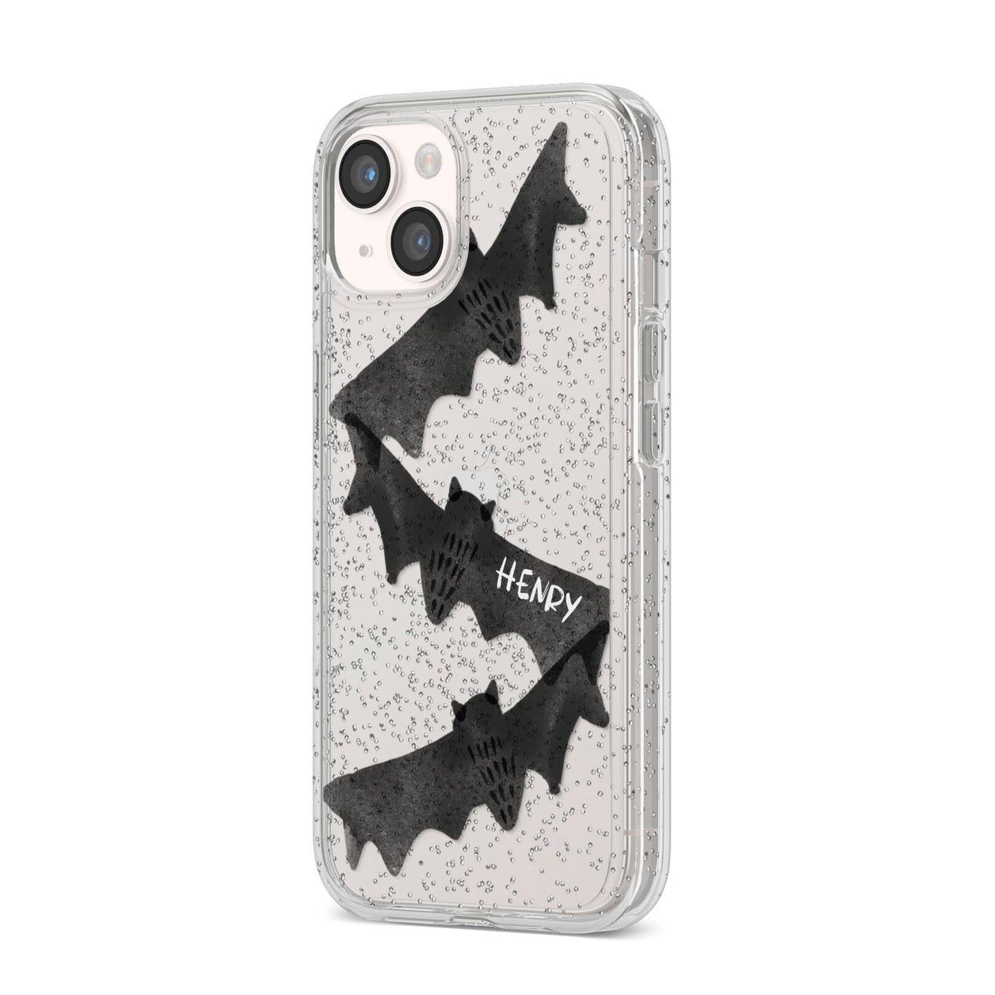Halloween Custom Black Bats iPhone 14 Glitter Tough Case Starlight Angled Image
