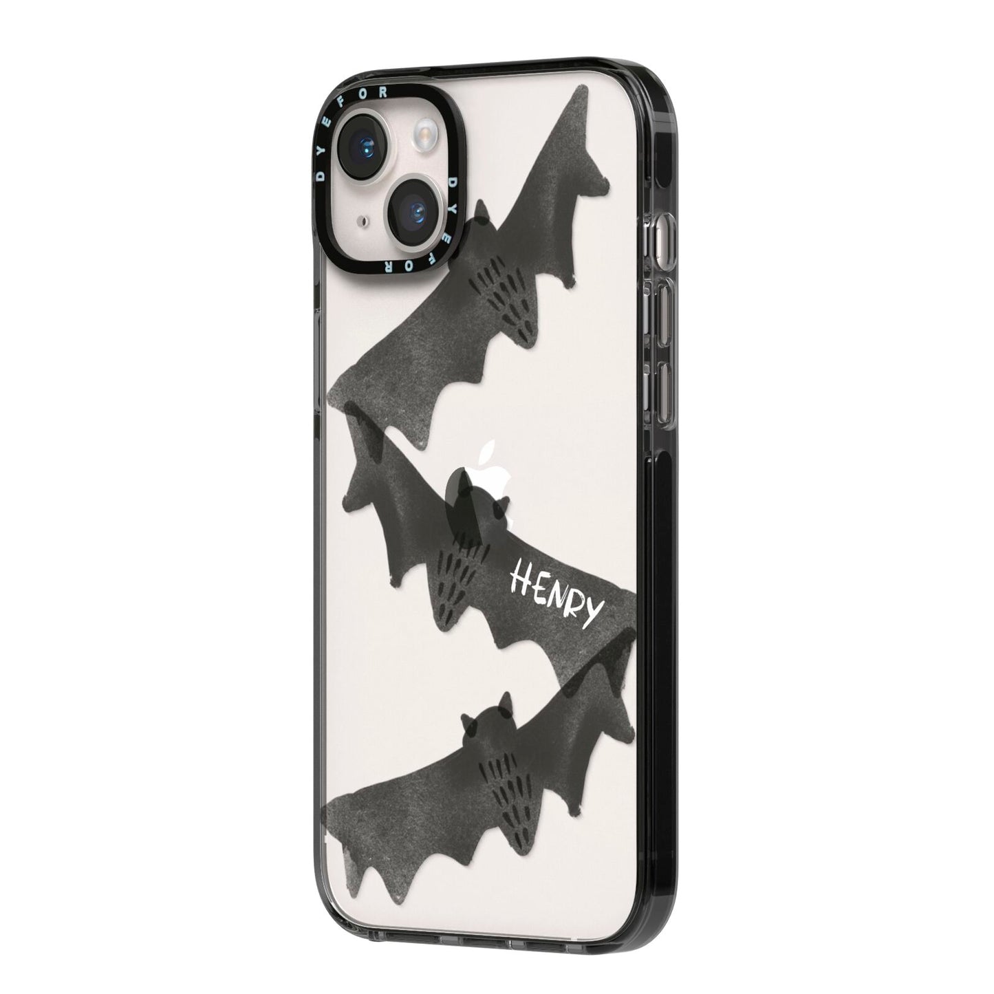Halloween Custom Black Bats iPhone 14 Plus Black Impact Case Side Angle on Silver phone