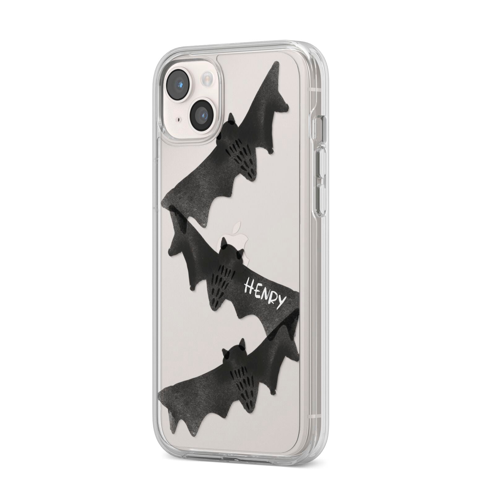 Halloween Custom Black Bats iPhone 14 Plus Clear Tough Case Starlight Angled Image