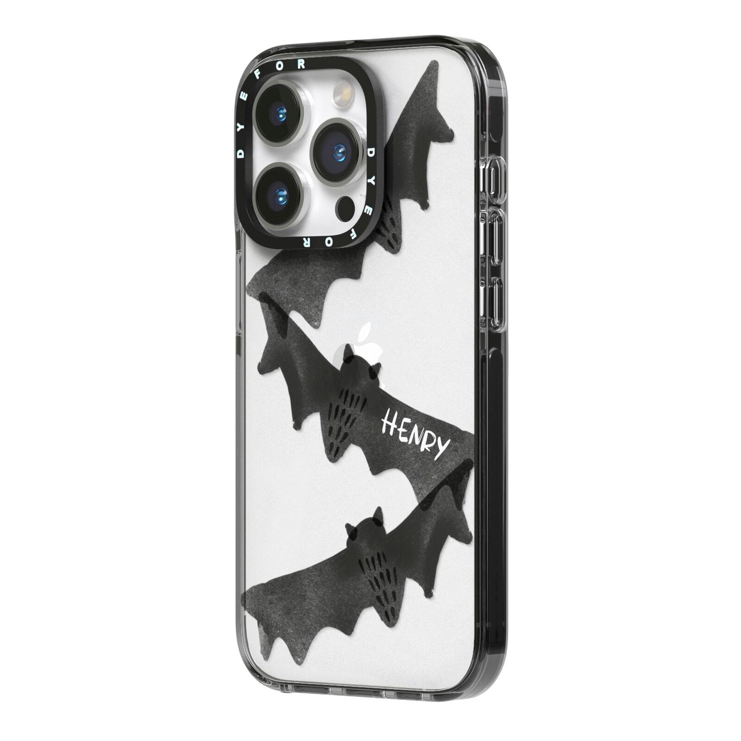 Halloween Custom Black Bats iPhone 14 Pro Black Impact Case Side Angle on Silver phone
