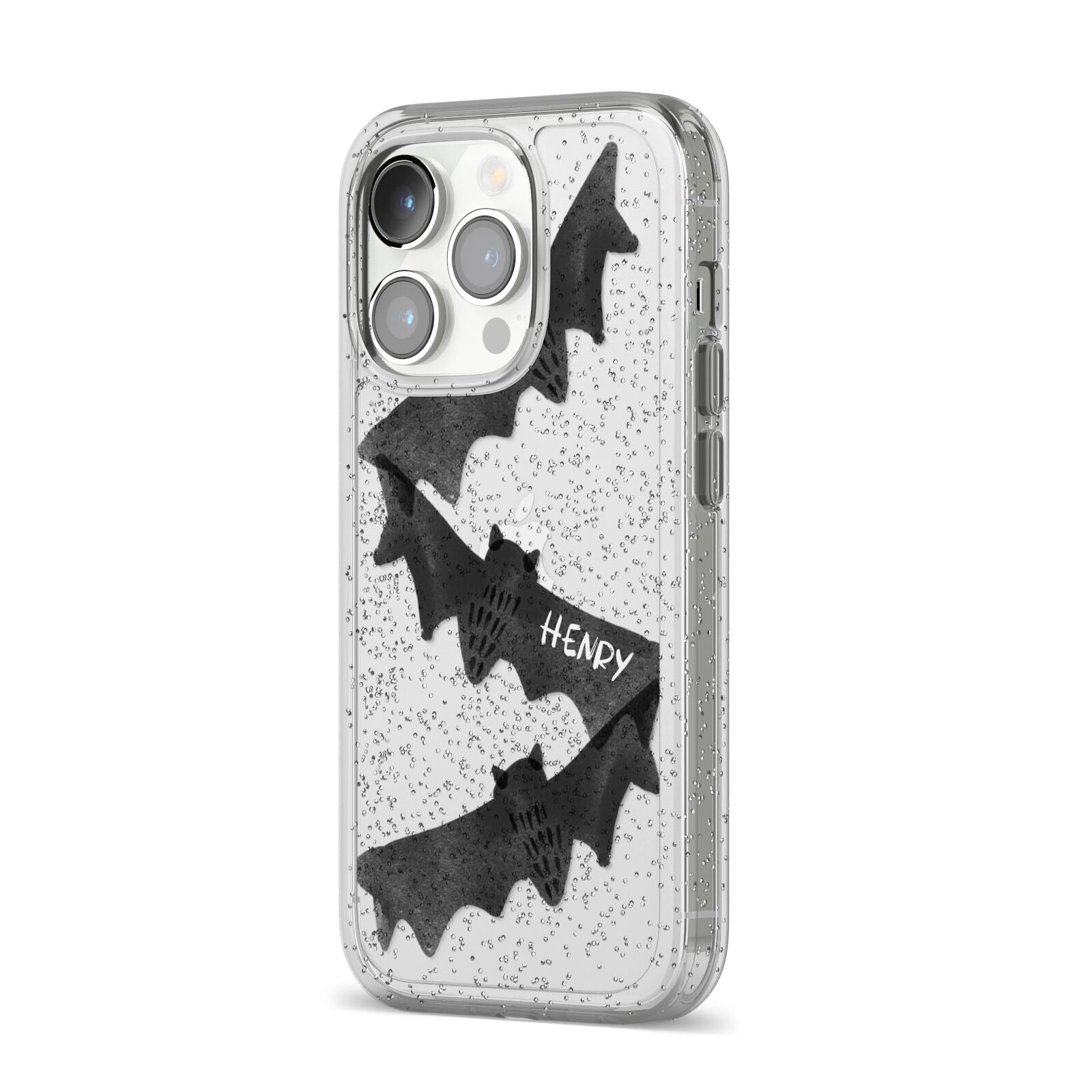 Halloween Custom Black Bats iPhone 14 Pro Glitter Tough Case Silver Angled Image