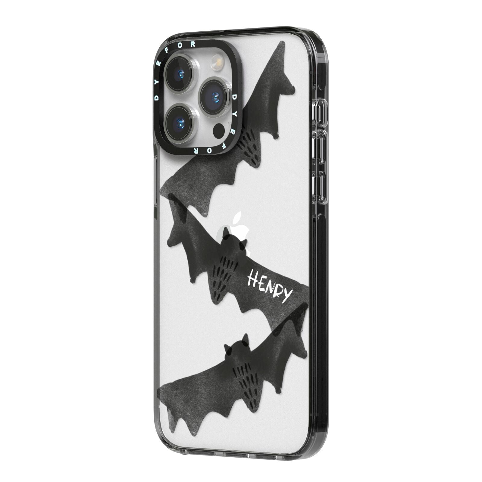 Halloween Custom Black Bats iPhone 14 Pro Max Black Impact Case Side Angle on Silver phone