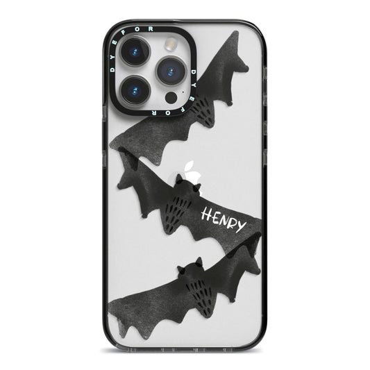 Halloween Custom Black Bats iPhone 14 Pro Max Black Impact Case on Silver phone
