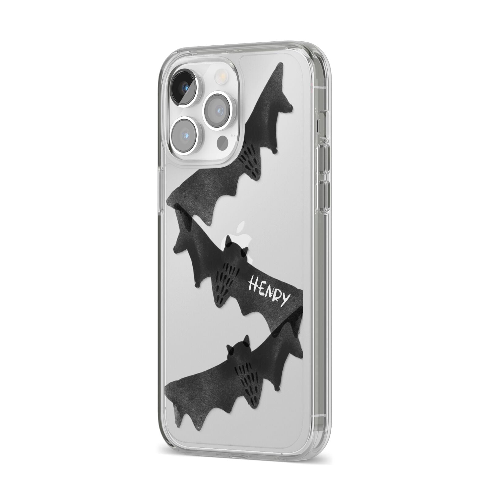 Halloween Custom Black Bats iPhone 14 Pro Max Clear Tough Case Silver Angled Image