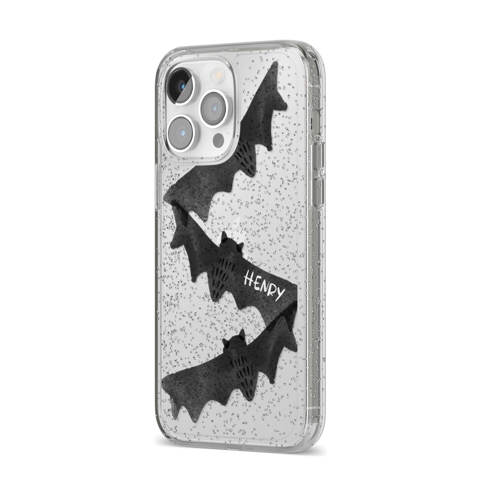 Halloween Custom Black Bats iPhone 14 Pro Max Glitter Tough Case Silver Angled Image