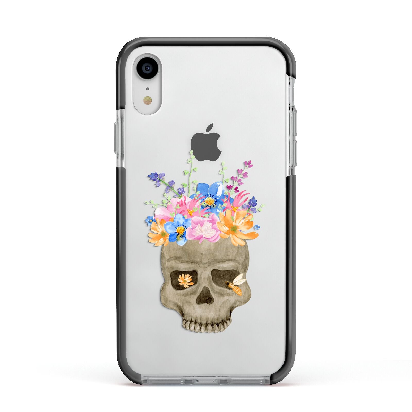 Halloween Flower Skull Apple iPhone XR Impact Case Black Edge on Silver Phone