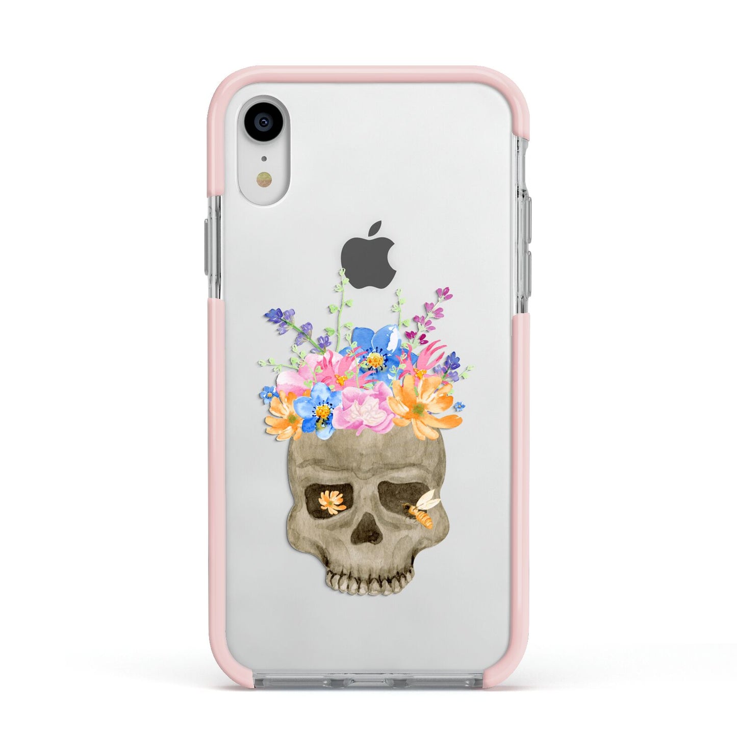 Halloween Flower Skull Apple iPhone XR Impact Case Pink Edge on Silver Phone