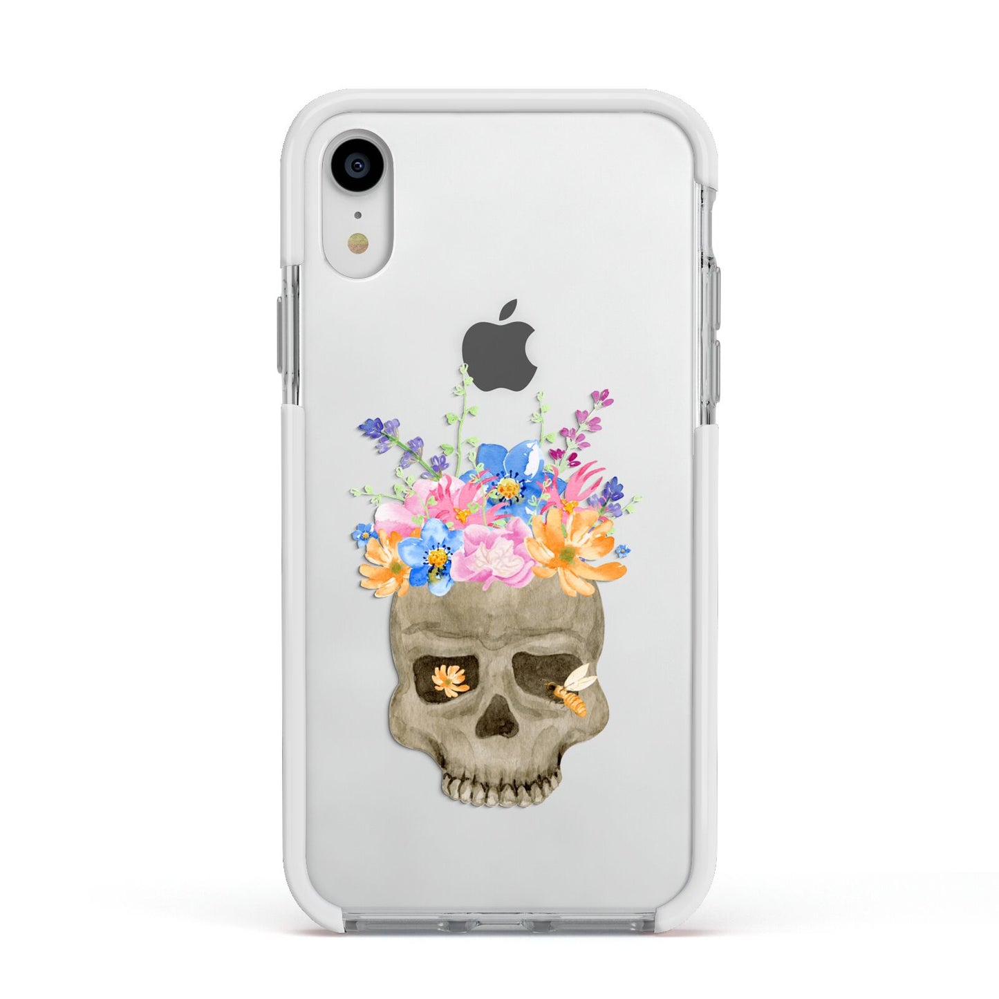 Halloween Flower Skull Apple iPhone XR Impact Case White Edge on Silver Phone