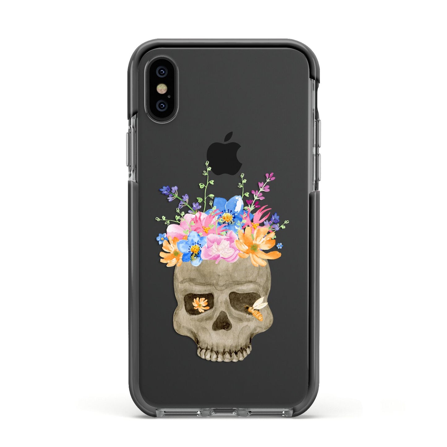 Halloween Flower Skull Apple iPhone Xs Impact Case Black Edge on Black Phone