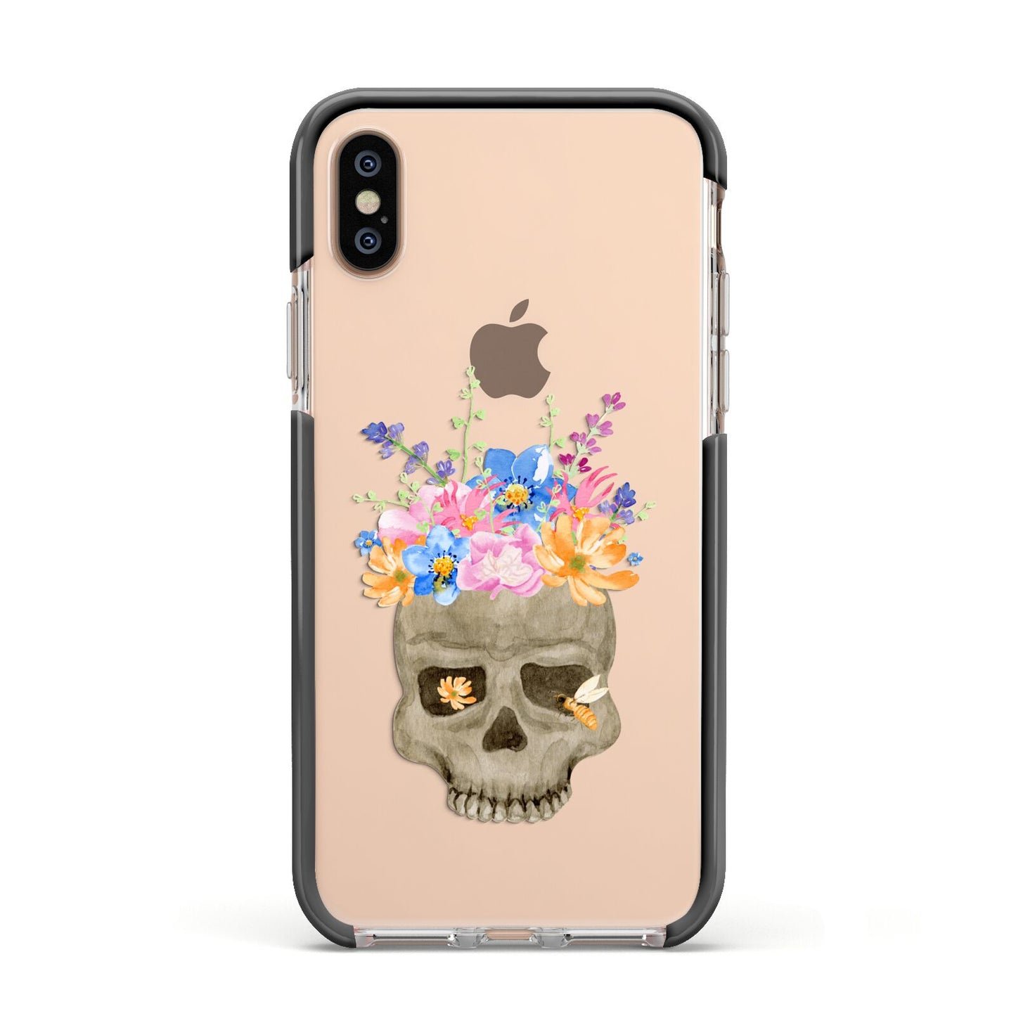 Halloween Flower Skull Apple iPhone Xs Impact Case Black Edge on Gold Phone